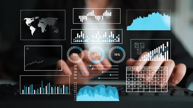 Business professional analyzing data with modern digital interfaces showcasing graphs, charts, and world map for effective decision making in finance and analytics Gluon.