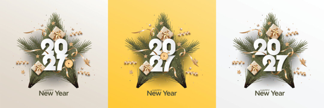 Elegant Happy New Year 2027 Greeting Card with Pine Branches, Gold Gift Boxes, Ribbon and Festive Holiday Decorations