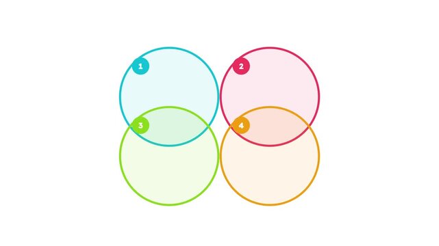 Animated 4 steps infographic venn diagram. Business presentation template 4K animation
