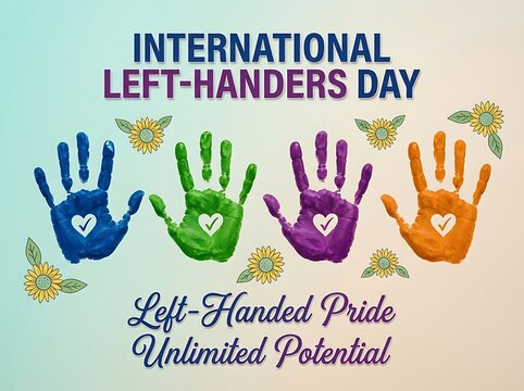 Colorful handprints with hearts celebrating international lefthanders day and lefthanded pride in vibrant design
