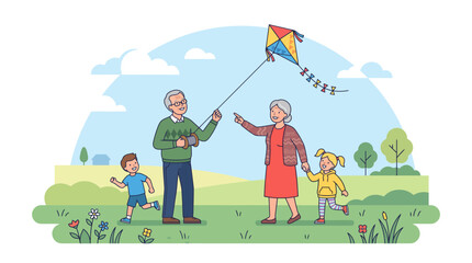 Naklejka premium Happy grandparents day illustration of senior couple flying kite with children in park