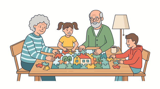 Happy family playing board game together on Grandparents Day at home