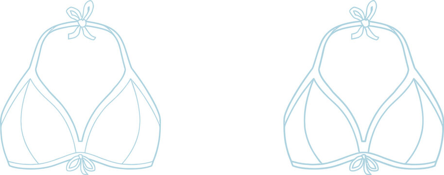 Cad drawing blue line art of women's bandeau bikini top design front back