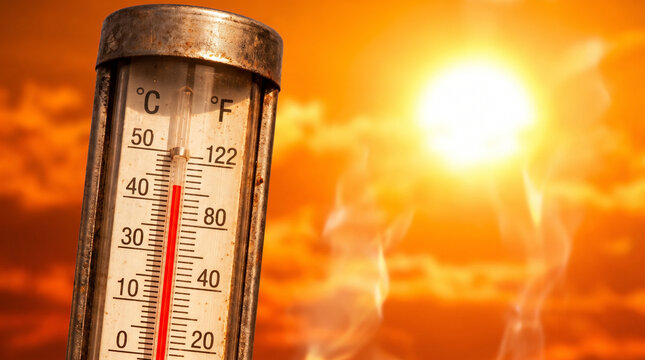 A vintage outdoor thermometer showing a very high temperature near 40&deg;C/100&deg;F under a blazing orange sun. Represents climate change and severe summer heat.