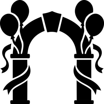 Decorative party arch silhouette icon with balloons and ribbons for grand opening celebration festival and wedding event design elements