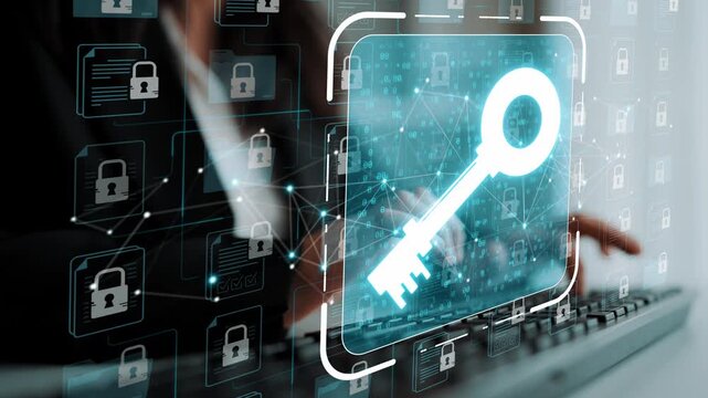 Digital Key Concept with Hands on Keyboard Representing Cybersecurity, Data Protection, and Secure Access in Modern Technology Environment Sigmoid