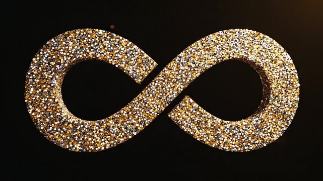 A stunning infinity symbol made of tiny particles shines brightly on a dark background