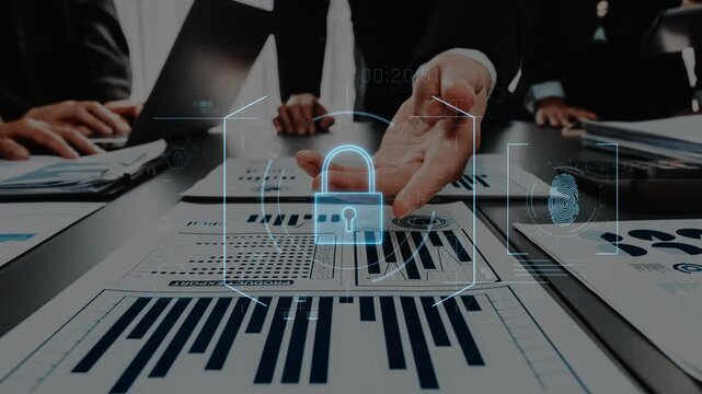 A professional business team collaborates on data analysis while an overlay of a security icon symbolizes the importance of protecting information in a modern office. Raster