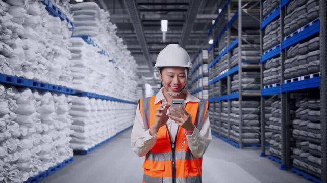 Front View of Asian Female Engineer Use Smartphone While Walking at Warehouse storage with stacked white sacks