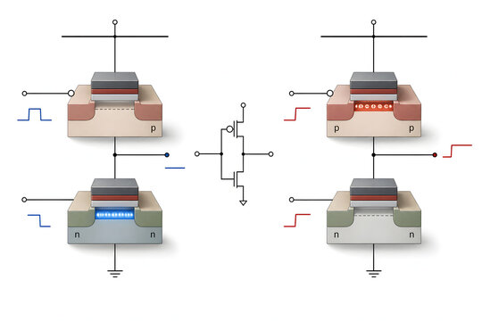 CMOS inverter switching scientific semiconductor illustration