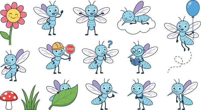 Cute Cartoon Mosquito Character Collection with Funny Insect Poses and Expressions for Kids Vector Illustration Set