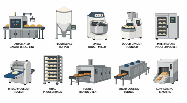 Collection of industrial baking equipment and machinery.