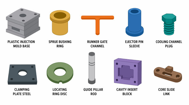 Collection of industrial plastic injection mold components and parts.