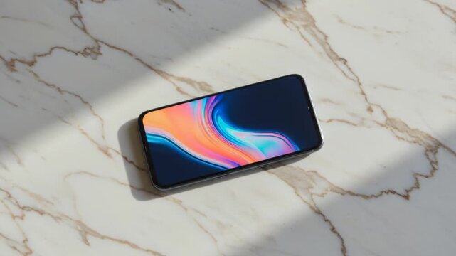 Smartphone on marble surface with screen.