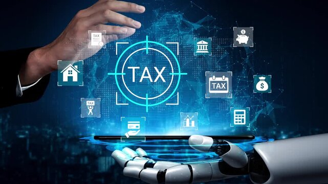 Futuristic Tax Assistance with Robot Hand Interacting with Digital Elements Representing Financial Management, Accounting, and Taxation Technology Gluon.