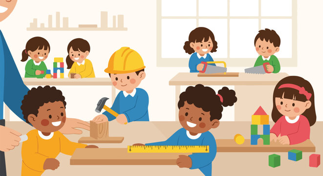 Diverse children enjoy a woodworking class, using hammers, saws, and building blocks while supervised by a teacher in a bright classroom.