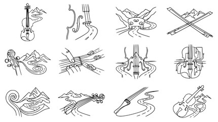 Creative music concept: Violin and cello blended with winding roads and mountains in doodle art © Dika