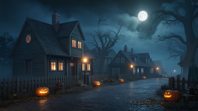 A dark street with houses and jack o lanterns on a spooky halloween night