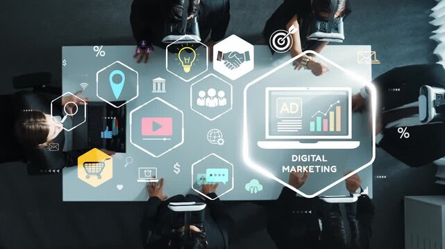 A top-down view of a business meeting focused on digital marketing strategies. Team members discuss innovative solutions using technology and data for success in marketing. Raster