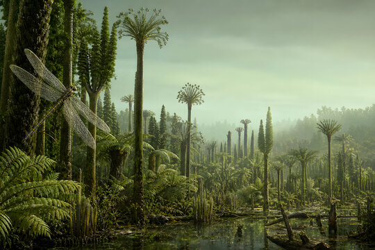 Carboniferous swamp forest with giant dragonfly and ferns