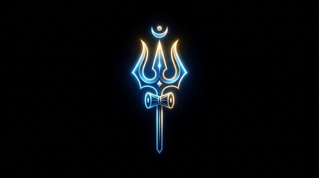 Hindu gods glowing neon trident symbol of lord shiva isolated on black background with trishula