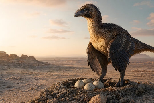 Feathered Citipati Guarding Nest at Desert Dawn