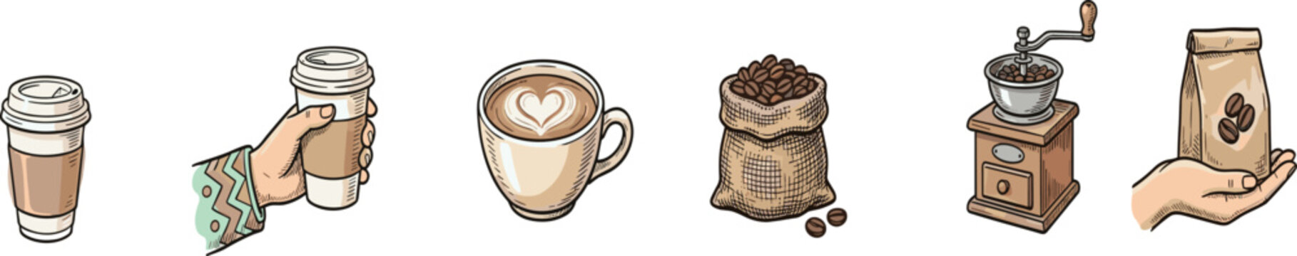 Hand Drawn Coffee Accessories Set Featuring Takeaway Cup Latte Beans Grinder and Coffee Bag Vector Illustration Collection