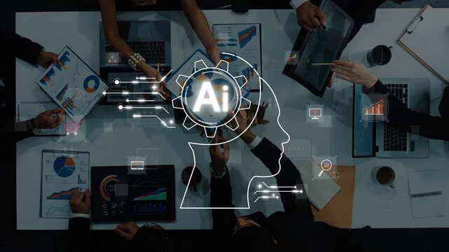 A dynamic business meeting where a diverse team engages in data analysis, showcasing the integration of artificial intelligence in strategic discussions and planning. Raster