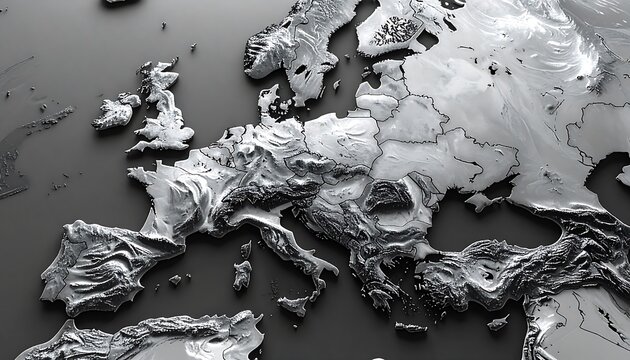 A grayscale, topographical rendering of a continental landmass, emphasizing elevation with light and shadow. The area includes multiple countries