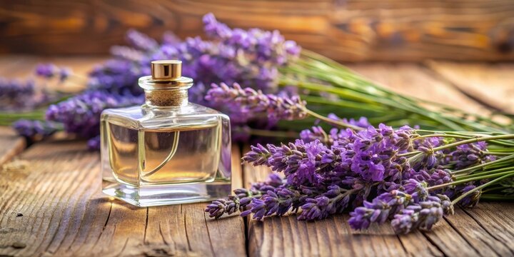 Lavender-scented perfume on wooden table