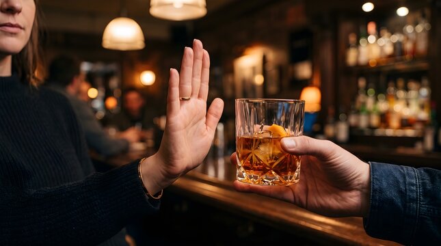 Woman politely refusing a glass of whiskey offered by a person in a dim ambient bar setting while using a firm hand gesture to decline the golden amber alcoholic drink during a social evening out with