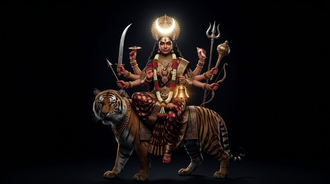 Hindu gods goddess durga mounted on a tiger with many arms religion spiritual spirituality