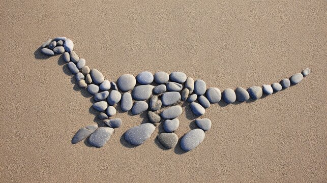 Outline of a plesiosaur made from grey river stones on a sandy beach.
