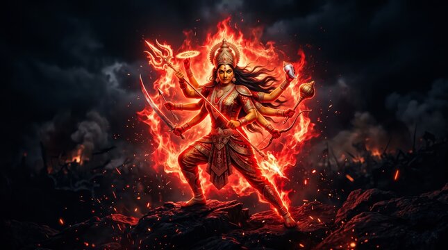 Hindu gods: fierce goddess kali standing in fire with mythology religion spirituality hinduism