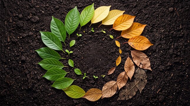 Spiral arrangement of leaves on dark soil showcasing a natural lifecycle from green growth to brown decay, representing seasonal change and environmental regeneration.