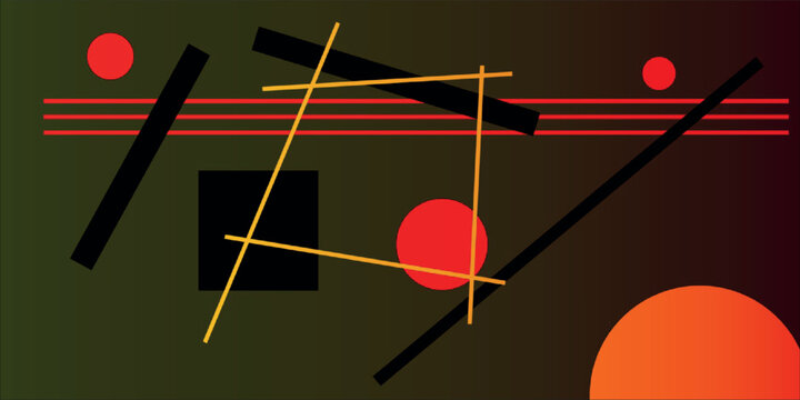 Abstract constructivism background with geometric shapes, lines, and bold red circles