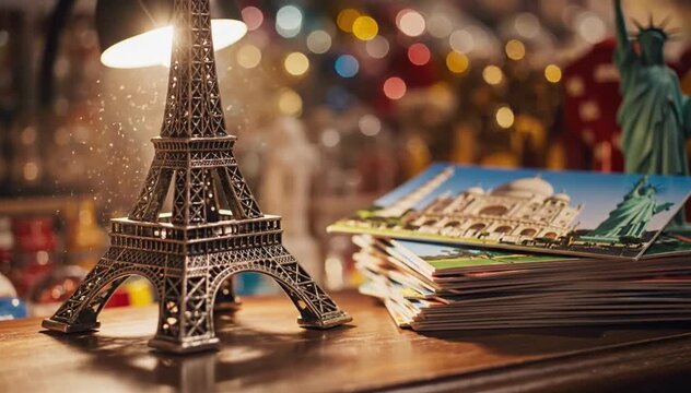 Eiffel Tower Miniature Beside Stack of Travel Postcards and Landmarks
