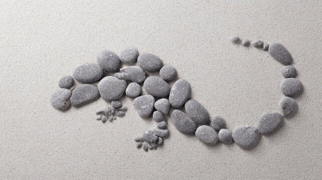 Outline of a plesiosaur made from grey river stones on a sandy beach.
