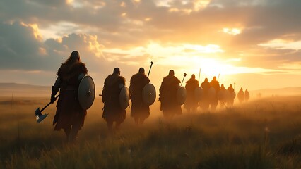 Fototapeta premium A group of warriors marches across a vast field towards the sunset with shields and weapons in hand.