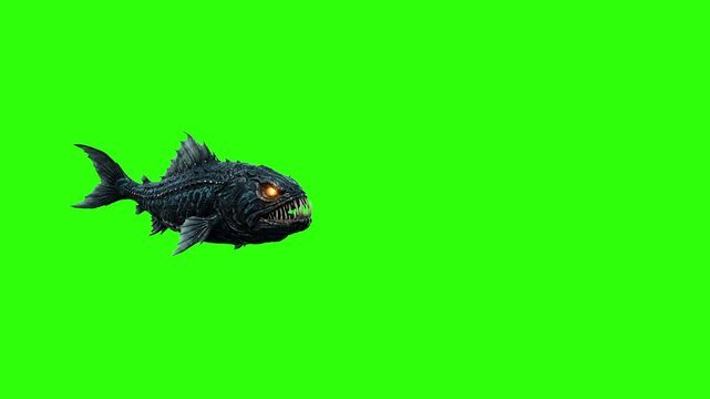A terrifying 3D animated deep-sea monster fish or prehistoric coelacanth swims slowly with glowing orange eyes. Set against a chroma key green screen, this dark, fantasy creature model is perfect for 