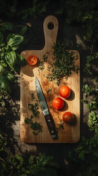 Fresh tomatoes, aromatic herbs, and a sharp knife arranged on a rustic wooden cutting board for culinary prepa n.