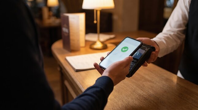 Instant payment nfc smartphone concept. Mobile contactless payment at a hotel reception