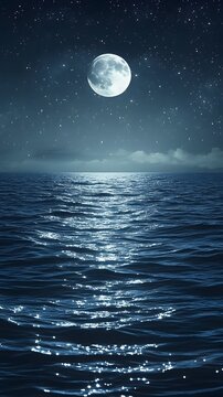 Full moon illuminating the dark, reflective surface of the calm open ocean under a starry night sky.