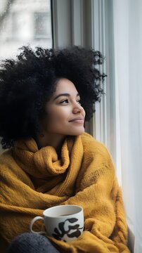A woman enjoying a quiet moment of contemplation while holding a warm beverage near a bright window.