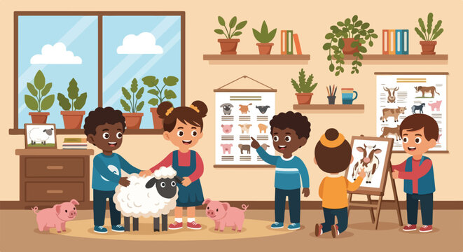 In a cozy classroom, children engage with farm animals like sheep and piglets while looking at educational posters and drawing a cow.