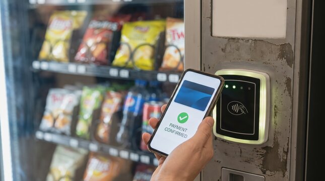 Instant payment nfc smartphone concept. Contactless mobile payment at a vending machine dispensing snacks