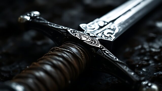 A close-up view of an ancient silver sword with a dark ornate hilt lying on a rugged black surface