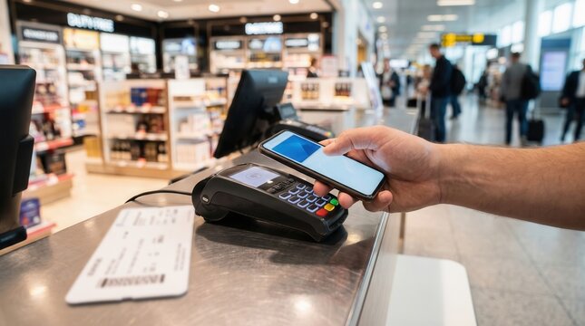 Instant payment nfc smartphone concept. Person tapping smartphone to pay at an airport duty-free checkout