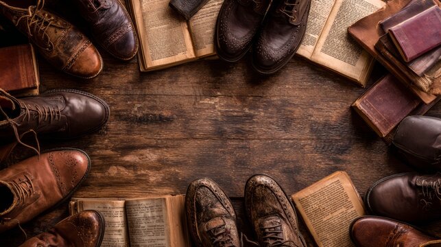 Shoes and books scattered on a wooden floor, suggesting a sudden stumble.
