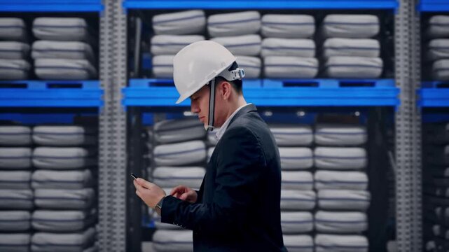 Side View of Asian Businessman Use Smartphone While Walking at Warehouse storage with stacked white sacks